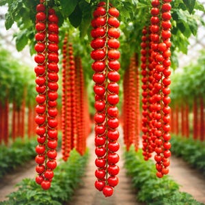 May include: Clusters of bright red cherry tomatoes hang from green vines in a greenhouse. The tomatoes are round and evenly spaced, creating a visually appealing display. The background shows rows of plants.