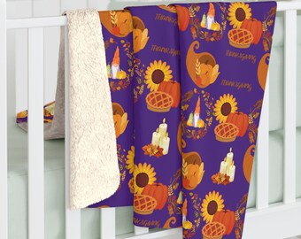 Purple Thanksgiving Gnome Sherpa Fleece Throw: Autumn Sunflower Blanket