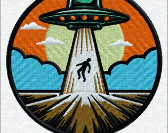 Retro UFO Alien Abduction Embroidery Machine File | Sci-Fi Flying Saucer Patch Design