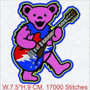 Psychedelic Pink Bear Guitar - Retro Hippie Jam Band - Classic Rock Inspired Patch Pattern