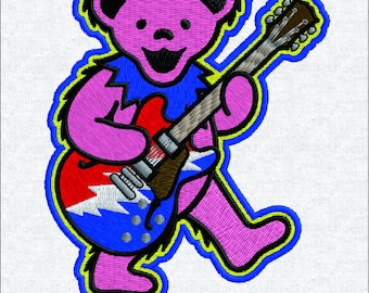 Psychedelic Pink Bear Guitar - Retro Hippie Jam Band - Classic Rock Inspired Patch Pattern