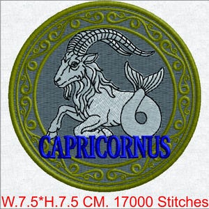 Diseño de bordado a máquina del signo zodiacal de Capricornio - Archivo digital de la cabra marina de Capricornio - Patrón de parche de astrología retro