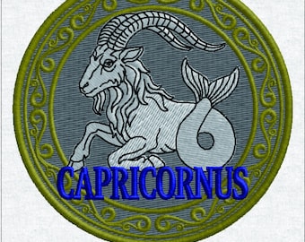 Diseño de bordado a máquina del signo zodiacal de Capricornio - Archivo digital de la cabra marina de Capricornio - Patrón de parche de astrología retro