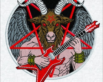 Heavy Metal Baphomet Embroidery Design - Rocking Satan with Electric Guitar -Retro Rock Style
