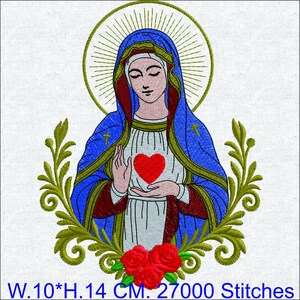 May include: Embroidered image of a religious figure with a blue veil, holding a red heart. The figure is surrounded by a gold halo and framed by green and red floral elements. The image is 10 cm wide and 14 cm high.