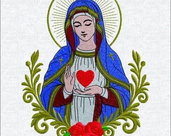 Virgin Mary Machine Embroidery File, Vintage Immaculate Heart Pattern, Religious Retro Patch Design