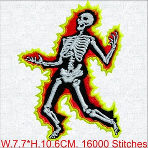 Burning Skeleton Embroidery Design - Retro Rock Style Patch - Electric Magic Aura - Digital
