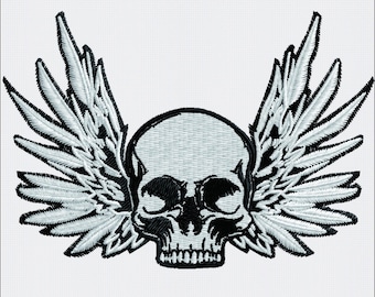 Fichier de broderie tête de mort ailée, conception numérique tête de mort et ailes de Style rock, veste de motard personnalisée
