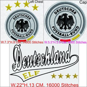 May include: Embroidered patches featuring the Deutscher Fussball-Bund logo in black, white, red, and yellow, with four yellow stars. Includes a script Deutschland ELF design with four yellow stars. Dimensions are 7.3x9 cm, 5.5x5.5 cm, and 22x13 cm.