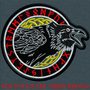 May include: Embroidered patch featuring a black raven with an open beak, red eye, and white detailing. The raven is set against a yellow and black Celtic knot design, surrounded by a red and white border with runes. The patch measures 9.5 inches wide by 8.3 inches high.