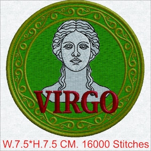 May include: Embroidered patch featuring the Virgo zodiac sign. The design includes a woman's face in white, set against a green background, with the word "VIRGO" in red. The patch is 7.5 cm in diameter.