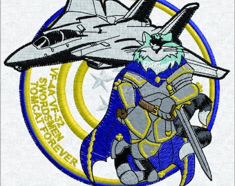 F-14 Tomcat Forever - Parche militar de espadachines - Archivo digital de avión de combate - Diseño de armadura de caballero gato
