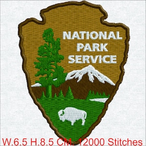 May include: Embroidered patch featuring the National Park Service arrowhead logo. The design includes a green tree, white mountain, and a white bison on a green field. The text "NATIONAL PARK SERVICE" is in white. Patch dimensions: 6.5 cm wide, 8.5 cm high.