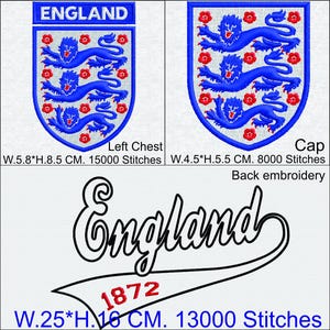 Può includere: Tre disegni ricamati con lo stemma dell'Inghilterra con leoni blu e rose rosse, e il testo England 1872. Lo stemma da petto misura 5,8 cm per 8,5 cm, quello da cappello 4,5 cm per 5,5 cm e il ricamo posteriore misura 25 cm per 16 cm.