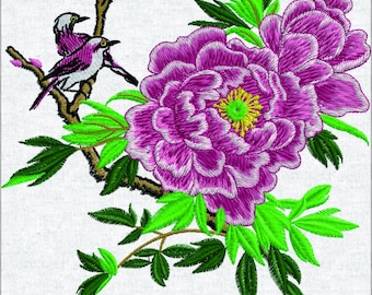 Diseño de peonías y pájaros, naturaleza floral, flores grandes, botánico para bolsos y decoración del hogar.