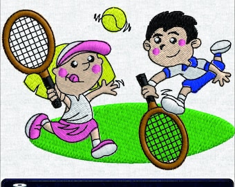 Motif de broderie machine pour enfants jouant au tennis, garçon et fille de dessin animé, style sport