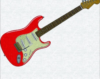 Diseño de guitarra eléctrica Stratocaster roja: archivo digital de guitarra de rock legendaria: patrón musical grande para la espalda de la chaqueta.