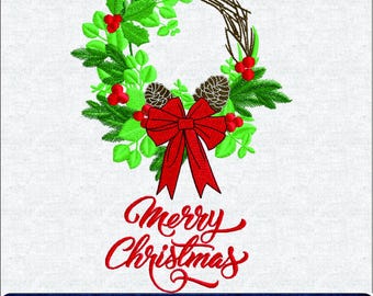 Motif de broderie machine Couronne de Noël, pomme de pin et nœud rouge