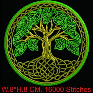 May include: Embroidered Tree of Life design in a circular shape. The tree features green leaves and a yellow trunk and roots, set against a black background. The design is framed by a green and yellow border. The text at the bottom reads: W.8*H.8 CM. 16000 Stitches.