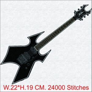 May include: Black electric guitar with a unique, angular body shape. The guitar features a detailed fretboard and headstock with the text "BC Rich". The image includes the dimensions: W.22*H.19 CM. 24000 Stitches.