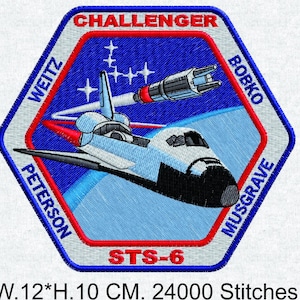 May include: Embroidered patch depicting the space shuttle Challenger, with crew names around the edge. The patch includes the text "STS-6" and measures 12 cm wide and 10 cm high.