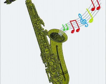 Saxophone Jazz Music - Musical Notes Sax Machine Embroidery Pattern - Gold Saxophone Digital File
