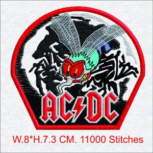 May include: Embroidered patch featuring a cartoon fly with red eyes, green body, and gray wings. The fly is set against a black and white background within a red border. The text "AC/DC" is in red, with a lightning bolt.