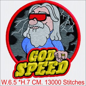 Wzór haftu "God Speed" - Zeus w okularach przeciwsłonecznych - Plik do haftu maszynowego - Zabawny motocyklowy patch
