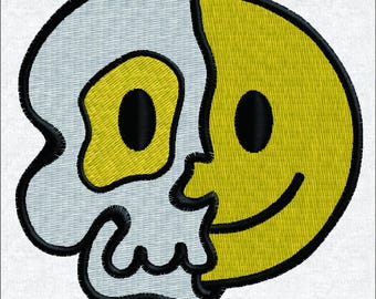Skull Half Smiley Face Embroidery Design, Trendy Edgy Machine Embroidery File