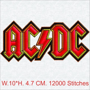 May include: Embroidered patch featuring the AC/DC logo in red, yellow, and black. The logo includes the band's name with a lightning bolt. The patch is 10 cm wide and 4.7 cm high.