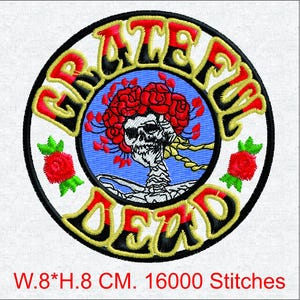 May include: Embroidered patch featuring a circular design with the words "Grateful Dead" in red and yellow lettering. The design includes a skeleton with a floral crown, surrounded by red roses and green leaves. The patch is 3.15 inches wide and 3.15 inches high.
