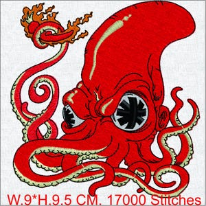 May include: Embroidered red octopus design with flames, featuring detailed stitching. The octopus has large eyes and tentacles. The design measures 3.5 inches wide by 3.7 inches high. The design has 17000 stitches.
