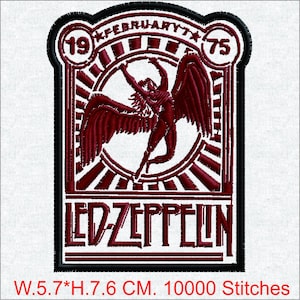 Puede incluir: Parche bordado de Led Zeppelin con un diseño de figura alada en burdeos y blanco. El parche incluye el texto "FEBRUARY 7" y el año "75". El parche mide 5,7 cm de ancho y 7,6 cm de alto.