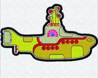 Motif de broderie sous-marin jaune rétro, fichier en téléchargement numérique de navire océanique de dessin animé