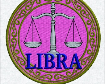 Diseño del zodiaco Libra, 12 signos del zodíaco, escalas astrológicas místicas, parche de la suerte retro vintage