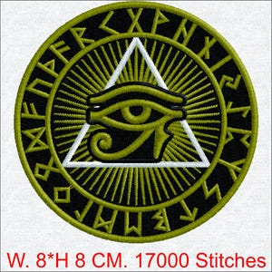 Motif de broderie Machine oeil d'Horus, fichier numérique All Seeing Eye, bordure Rune gothique
