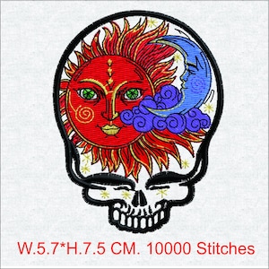 May include: Embroidered patch featuring a stylized skull with a red sun and a blue moon. The sun has a face with green eyes. The moon is in the upper right corner. The text at the bottom reads W.5.7*H.7.5 CM.