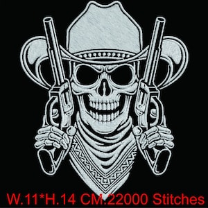 Cowboy Skull Embroidery Design, Outlaw Biker Patch Digital File, Western Gun Skull Pattern