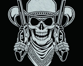 Cowboy Skull Embroidery Design, Outlaw Biker Patch Digital File, Western Gun Skull Pattern