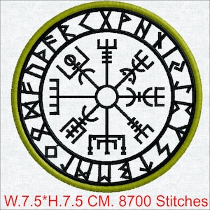 May include: Embroidered patch featuring a black and white Viking compass design, with a yellow-green border. The patch is 7.5 cm in diameter. The design includes runes and geometric shapes, suitable for apparel or accessories.