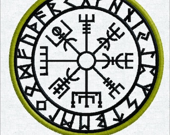 Diseño de bordado a máquina de brújula vikinga Vegvisir - Archivo de parche de runas nórdicas - Redondo de 7,6 cm