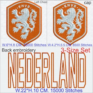 May include: An embroidery design set featuring the KNVB lion emblem in orange and white, with dimensions of 6 cm by 8 cm and 4.2 cm by 5.5 cm. The set includes the text NEDERLAND in orange outline, measuring 22 cm by 10 cm, for back embroidery.