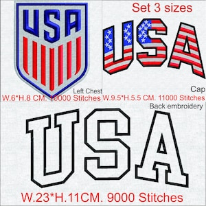 May include: Three embroidery designs featuring the text USA. The top left shield design is 6 cm by 8 cm. The top right cap design is 9.5 cm by 5.5 cm. The bottom back embroidery design is 23 cm by 11 cm. All designs feature red, white, and blue colors.