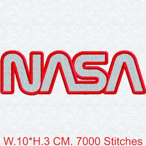 May include: An embroidered NASA logo patch featuring light gray lettering with a bold red outline. The text W.10*H.3 CM. 7000 Stitches is printed in red at the bottom of the image, indicating the dimensions and stitch count of the design.
