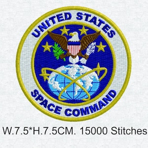 May include: Embroidered patch featuring the United States Space Command emblem. The circular patch has a blue background with a globe, eagle, and stars. The text "UNITED STATES SPACE COMMAND" and "W.7.5*H.7.5CM. 15000 Stitches" are visible.