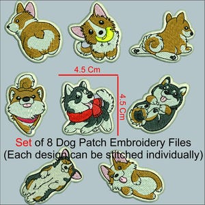 Op de afbeelding: Een set van 8 hondenpatch borduurbestanden met verschillende rassen in diverse houdingen. Elk ontwerp meet 4,5 cm bij 4,5 cm. De collectie bevat illustraties van corgi's en andere honden, sommige met accessoires zoals een rode sjaal.