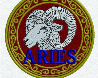 Diseño de bordado del zodiaco Aries - Parche vintage de carnero - Magia celestial - Signo de la suerte retro