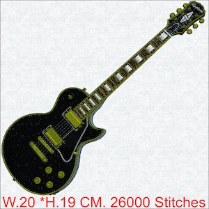 May include: Black electric guitar with gold hardware and a brown fretboard. The guitar has a classic design with a headstock that reads "Epiphone". The image includes the text "W.20 *H.19 CM. 26000 Stitches".