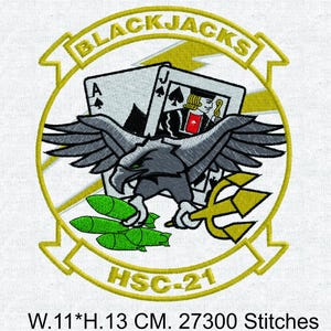 May include: Embroidered patch featuring the words "BLACKJACKS" in gold, with an eagle, playing cards, and a trident design. The patch includes the text "HSC-21" and measures 11 cm wide by 13 cm high.