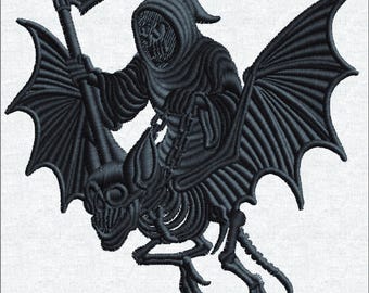 Grim Reaper Riding Skeletal Bat Embroidery Design - Gothic Death Scythe Machine Embroidery Pattern